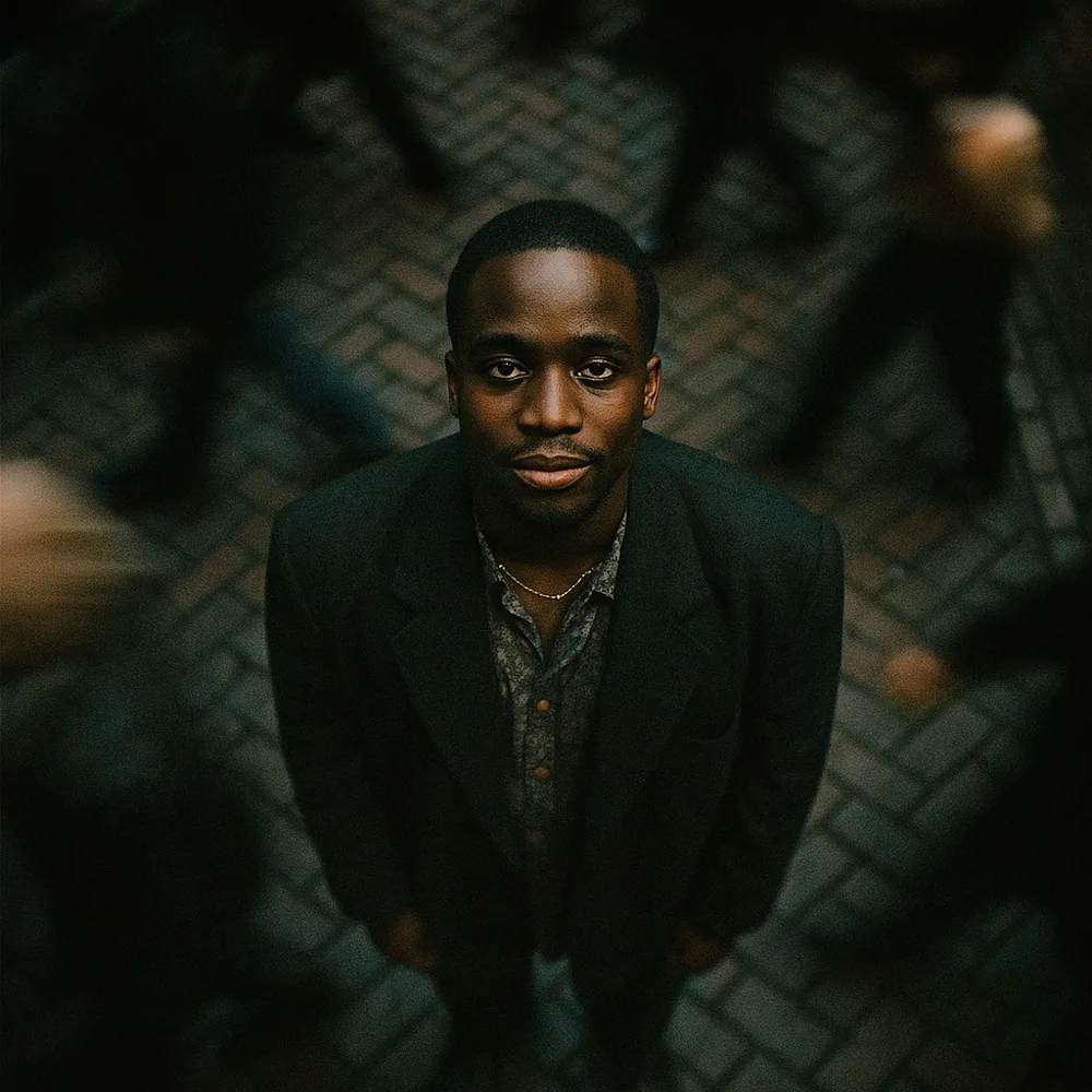 David Oyelade standing on a cobbled street, photographed from above, looking up at the camera